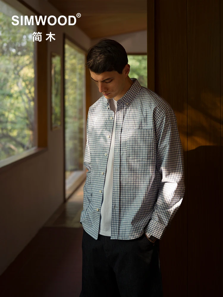 SIMWOOD 2025 Autumn New Oversize 170gsm Liquid Ammonia Finish Fabric Shirts Men Checked Plaid Casual Shirts