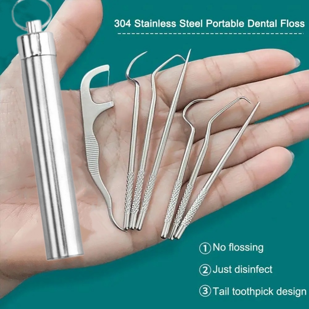 Stainless Steel Toothpicks Pocket Set, Portable Floss Pick Reusable Metal Toothpicks Tooth Cleaning Kit With Keychain Holder
