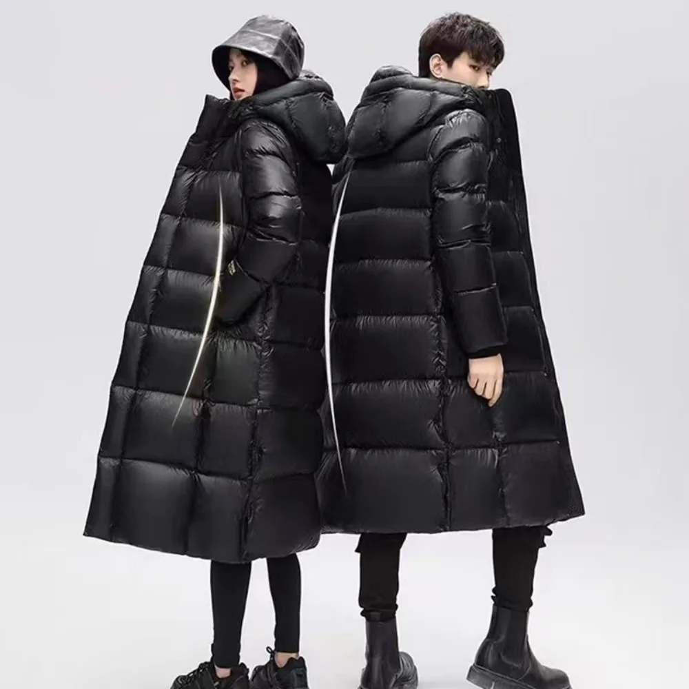 Gloednieuw Paar Winter Lange Donsjack Mode Vrouwen Tech Gevoerd Warme mannen Witte Eend Jas Mannelijke Parka Met Capuchon veren Jas