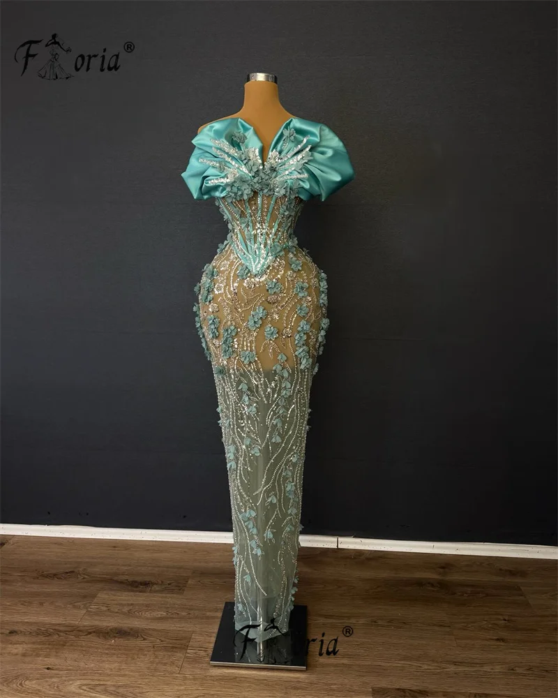 Vestido de gala luxo contas sereia vestidos de noite cristal verde 3d flor apliques festa baile vestido robe pailletée femme soirée