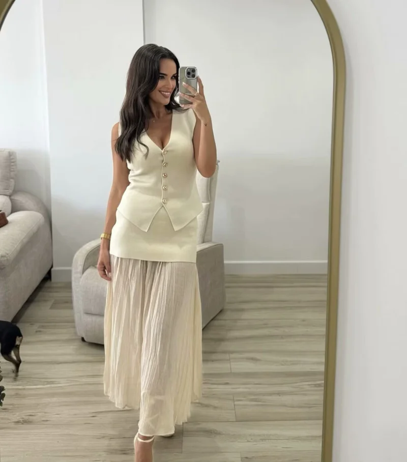 ETJ 2025 nova moda feminina elegante all-match com decote em V sem mangas colete jaqueta de malha