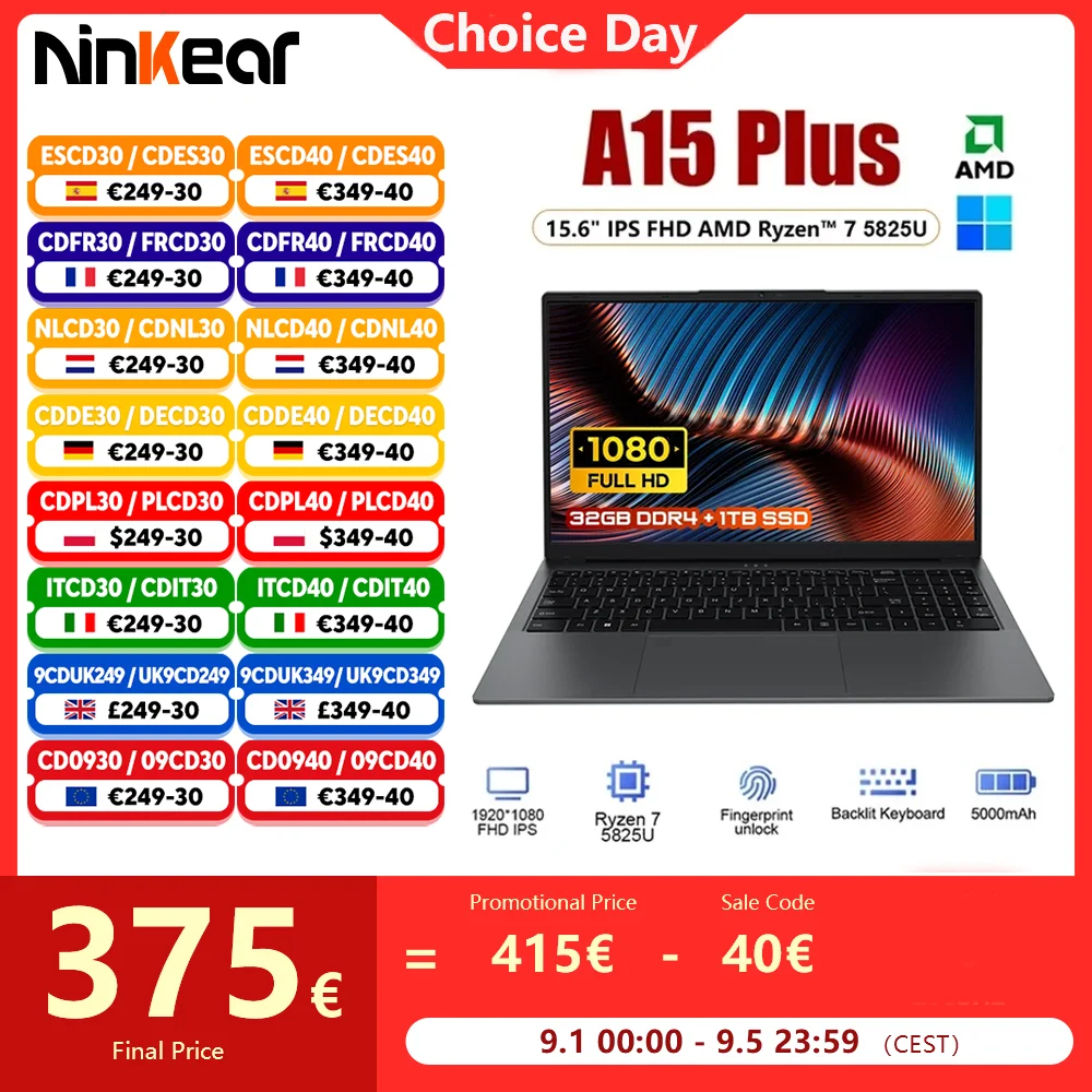 Ninkear A15 Plus Laptop da 15,6 pollici AMD Ryzen7 5825U 8 core 4,5 GHz 1920x1080 IPS Schermo FHD 32 GB DDR4 RAM 1 TB SSD 2.4G/5G WiFi