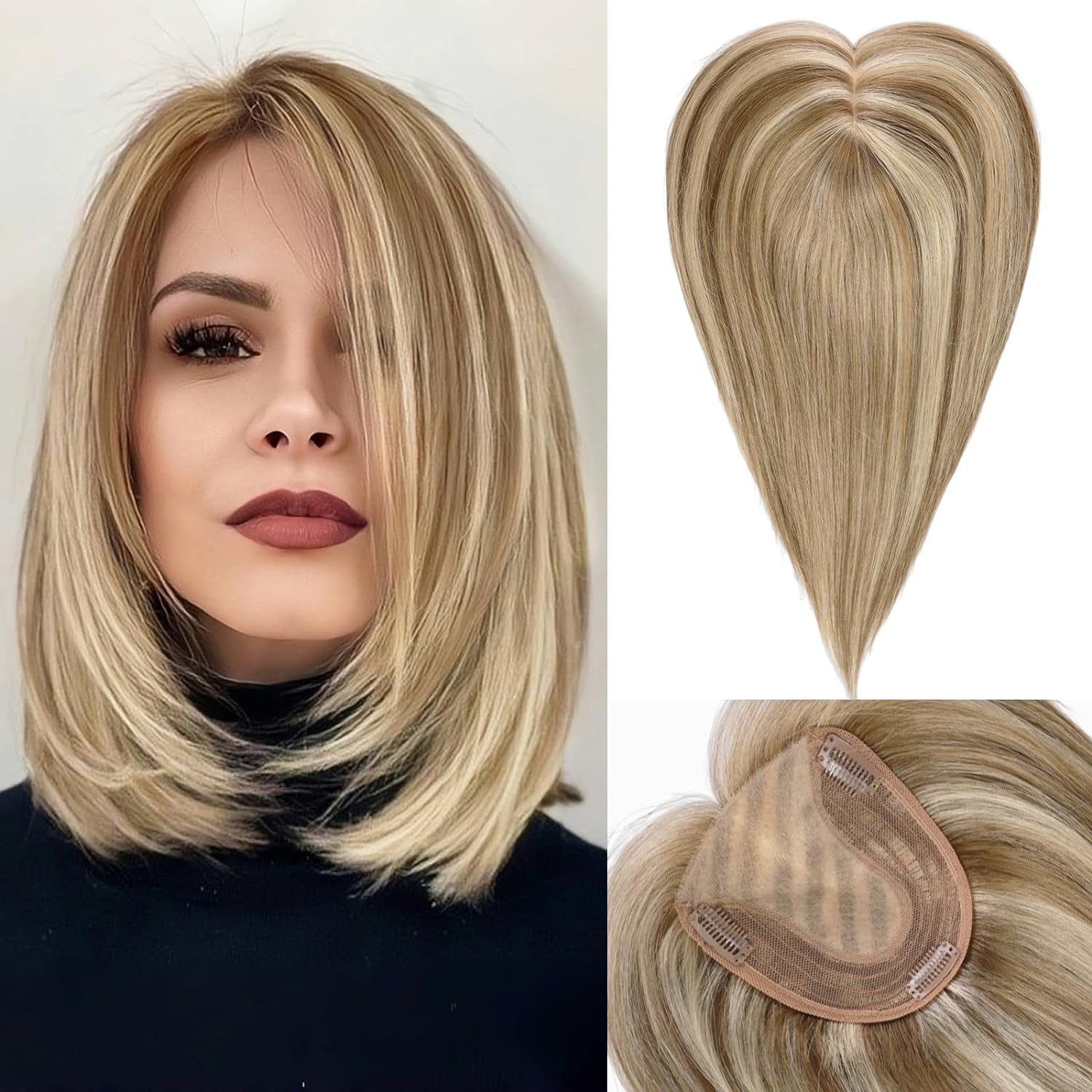 14 Zoll glatter Echthaar-Topper ohne Pony, 5"*5,5" Basis, braun-blonde Highlights, Haaraufsätze für Frauen mit dünner werdendem Haar