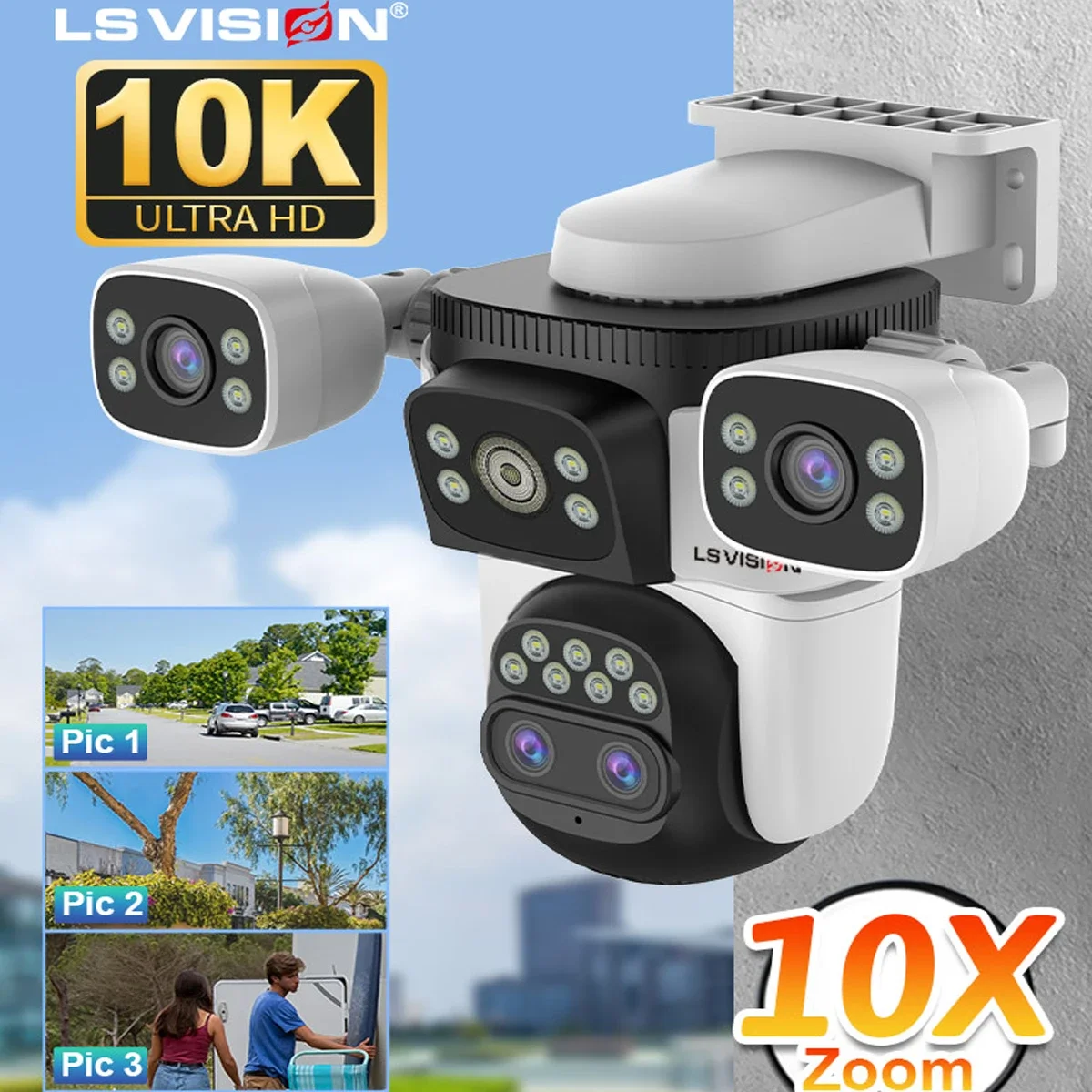 LS VISION 35MP tres pantallas WiFi cámara de seguridad al aire libre PTZ 10X cámaras con Zoom óptico seguimiento automático cámara CCTV vigilancia