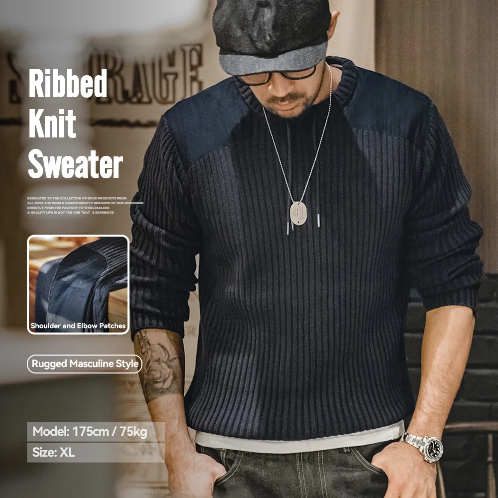 Maden Vertikal gestreifter Pullover O-Ausschnitt Slim Fit Herren Retro Strickpullover Patch Stitching Design Klassische Pullover Herrenbekleidung
