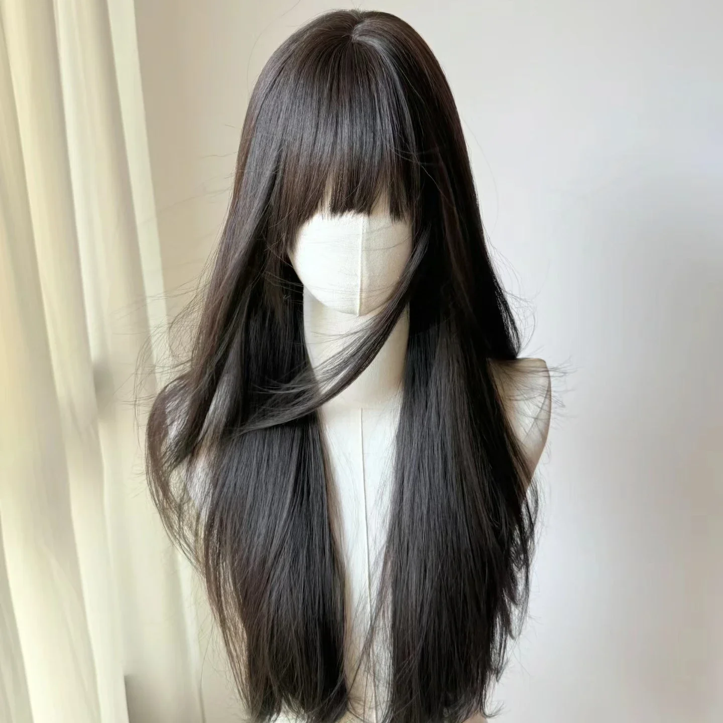 フリンジ付きブラックウィッグ,ストレートヘア,サイドバームヘア,日本のJKロリータ,シミュレーションヘア,ヘッドバンド