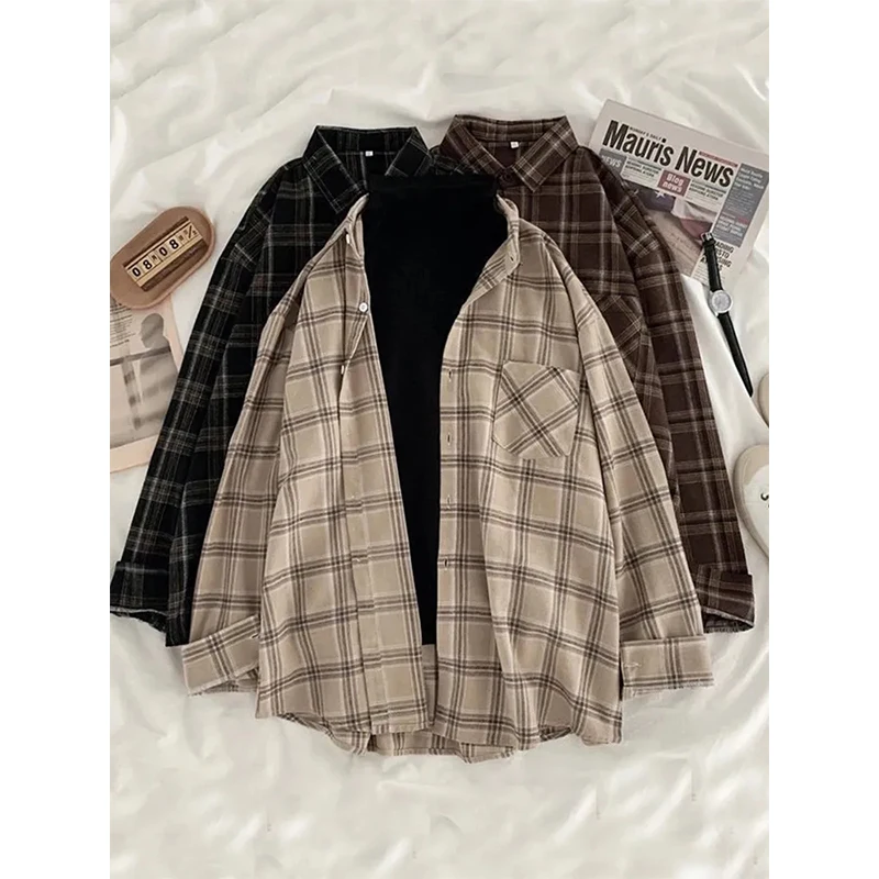 Mexzt vintage oversized camisas xadrez mulheres streetwear blusas de manga longa harajuku coreano bolso solto casual todos os jogos topos novo