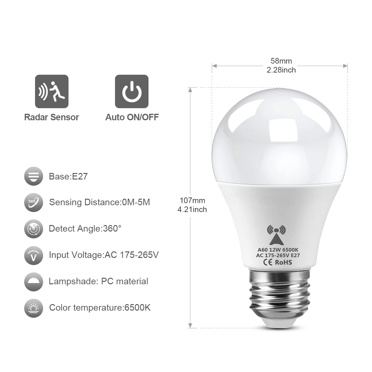 E27 Radar Induction LED Light Bulb 220V Radar Motion Activated Lamp Auto ON/OFF Built-in Radar/Light Sensors For Patio Stair