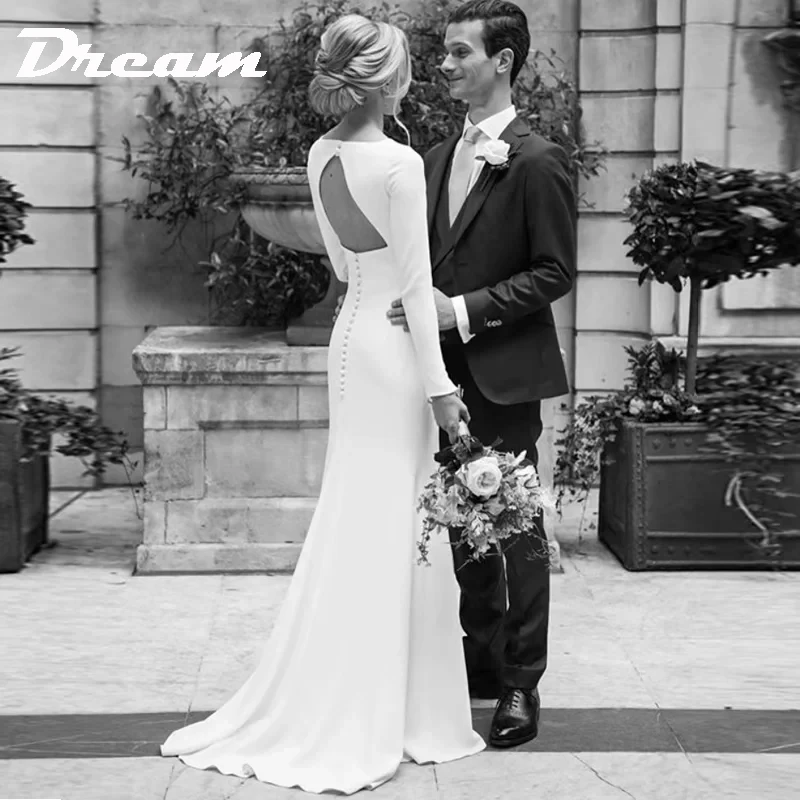 DREAM-vestidos de novia sencillos de crepé personalizados, vestido de novia elegante de manga larga con espalda abierta, largo hasta el suelo, 2025