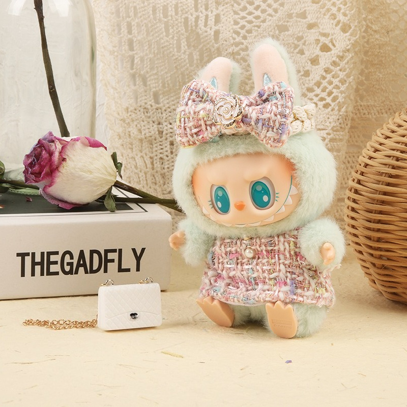 Dla 17cm Labubu Idol Doll luksusowe ubrania strój czarny zestaw sukienek Labubu V1V2 Mini DIY lalka odzież torba akcesoria do butów