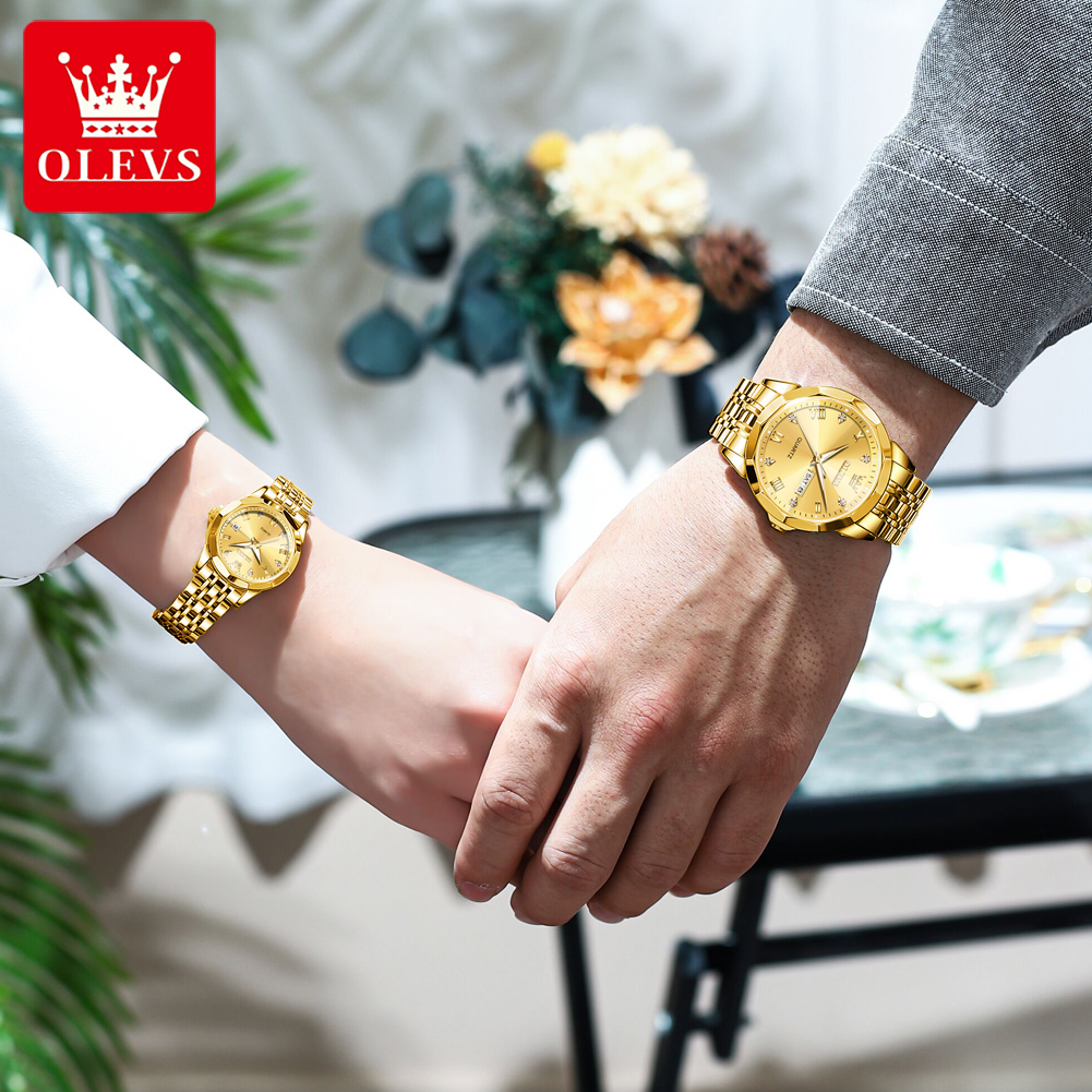 OLEVS 9931 reloj de cuarzo Original de lujo para hombres y mujeres, reloj de escala romana con diamantes, reloj de pareja con fecha automática y espejo rombo a la moda