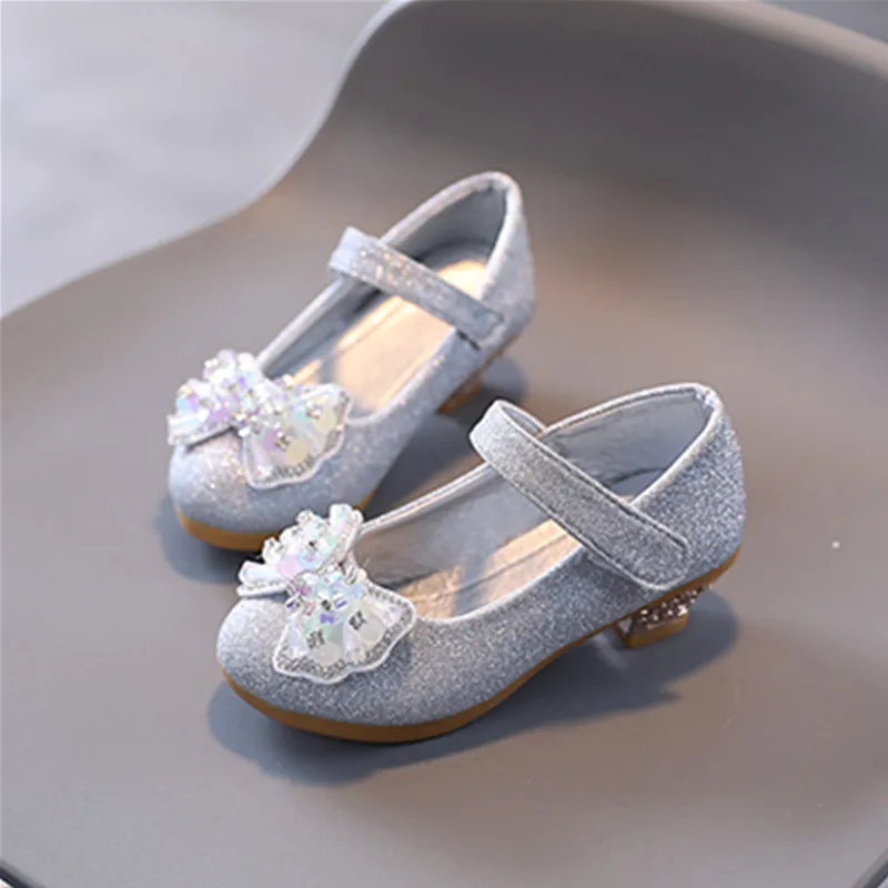 Crianças sapato de couro doce princesa sapatos para meninas com strass bowtie moda versátil sapatos infantis com saltos para festa