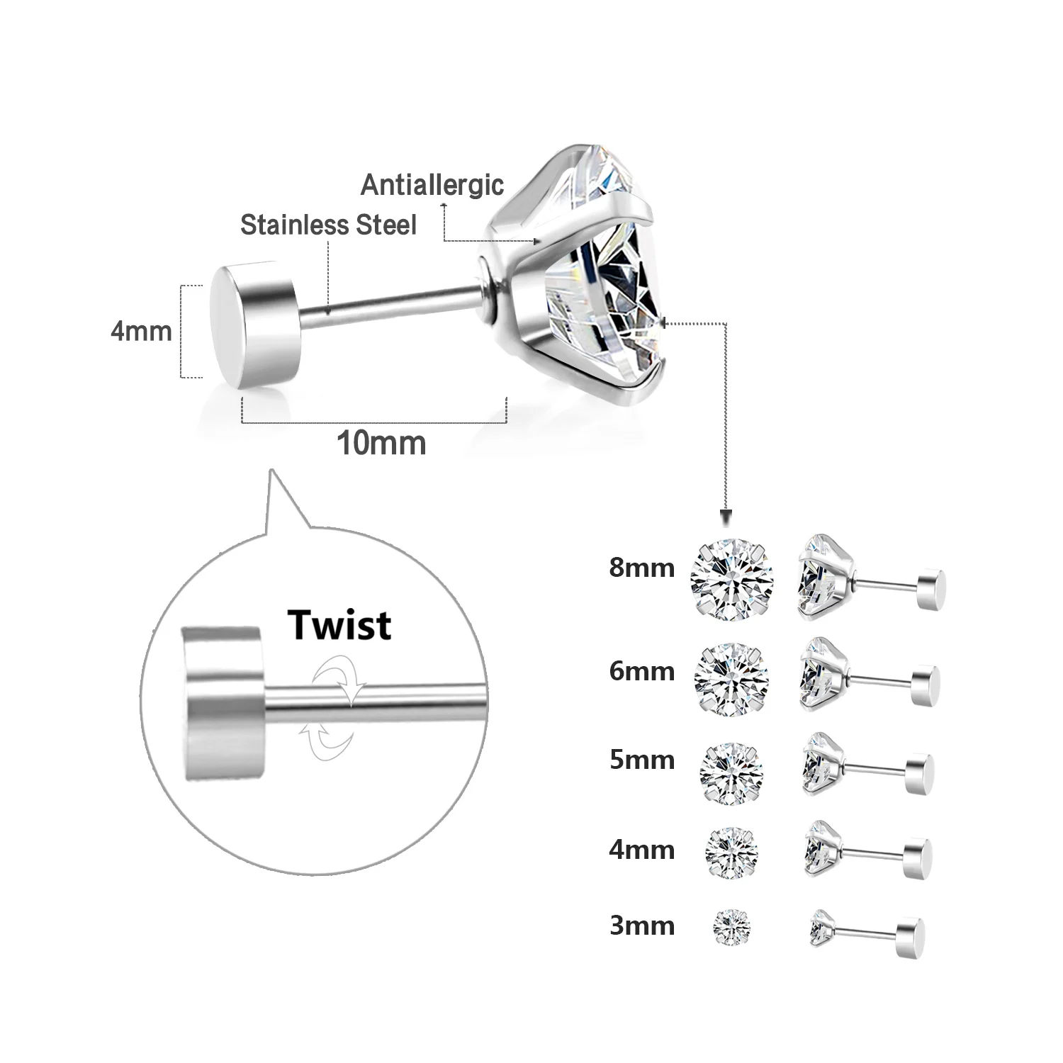 LUXUSTEEL 1 Đôi/2 Chiếc Inox Pha Lê Đính Bông Tai Dành Cho Nữ 4 Ngạnh Tragus Tròn Rõ Ràng Khối zirconia Tai Trang Sức