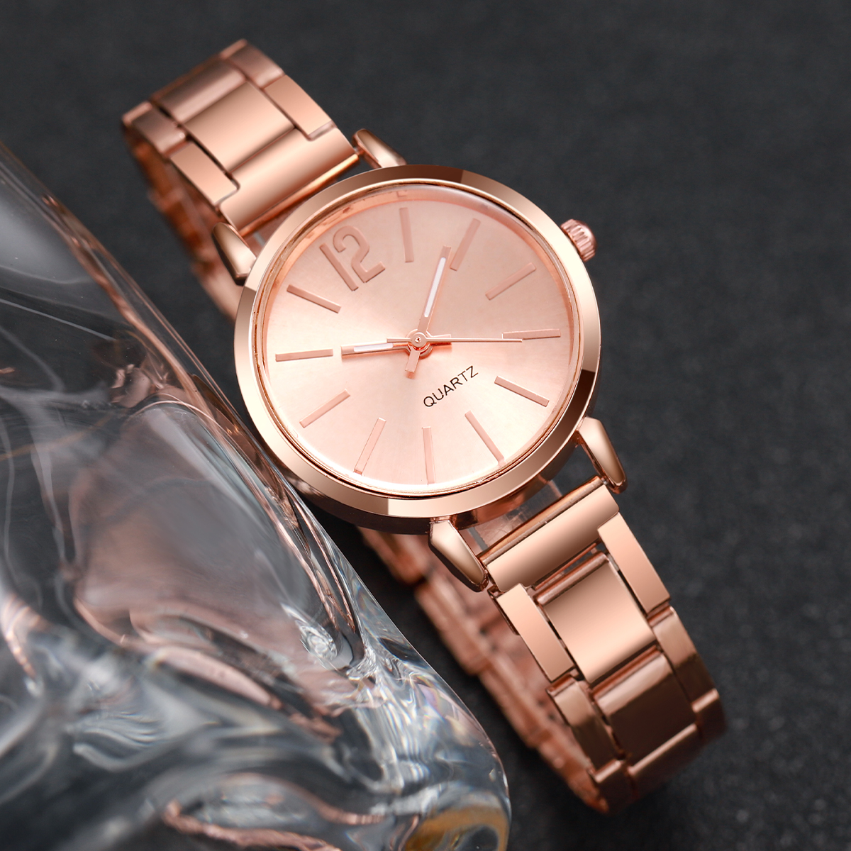 6 unids/set reloj de mujer moda banda de acero inoxidable relojes de cuarzo analógicos conjunto de joyería de diamantes (sin caja)