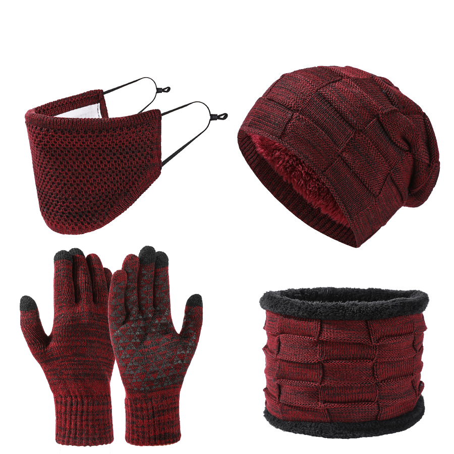 Autumn Winter Men Fleece-Lined Knitted Hat+Scarf+Mask+Gloves 4 Pieces Set Women Soft Thick Warm Multi Piece Set
