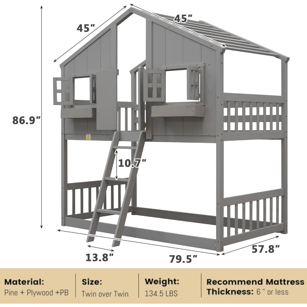House Bunk Bed Twin Over Twin for Kids, Wood Bunk Beds, Floor Bunks Beds with Ladder and Guard Rails for Girls Boys,Grey