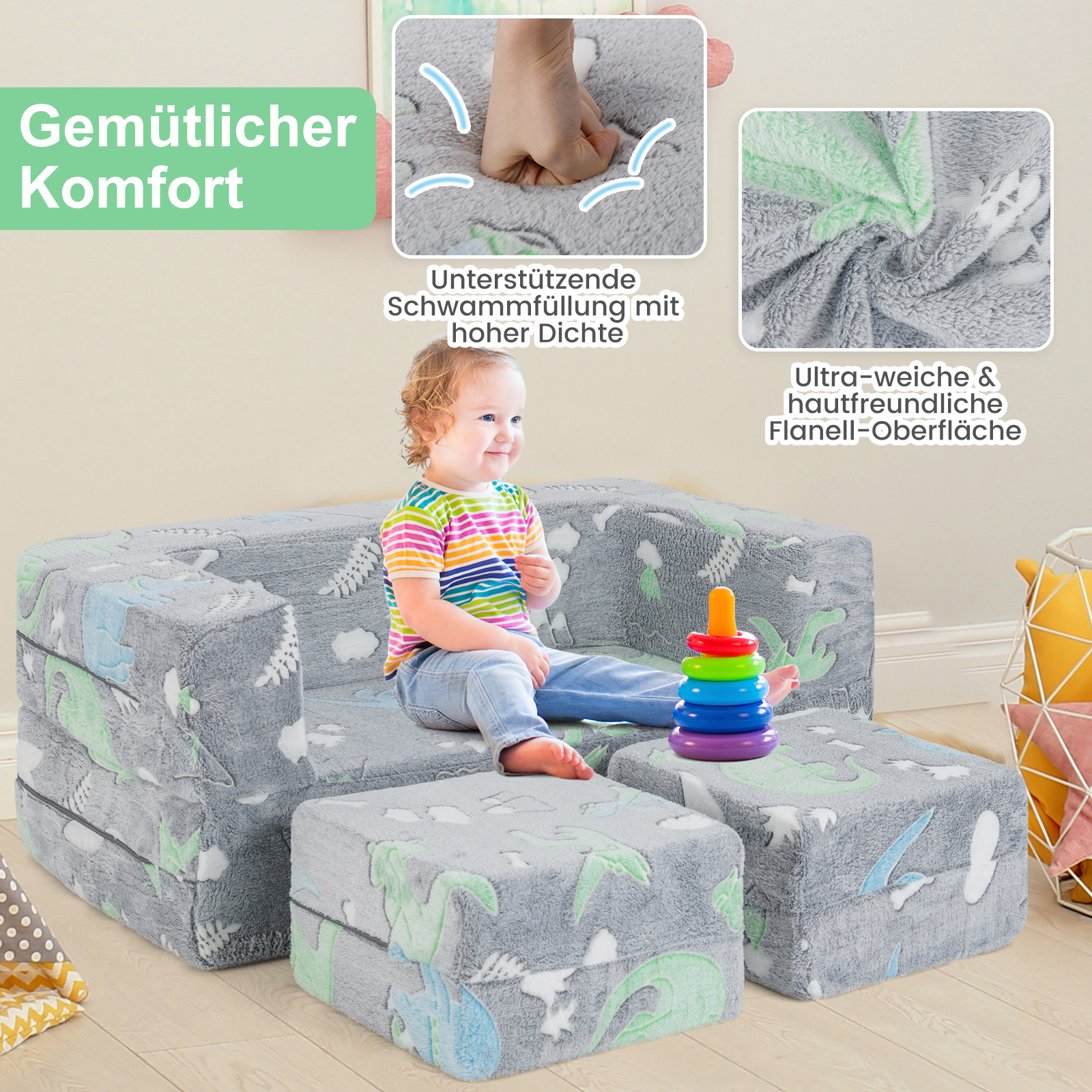 Modułowa sofa dziecięca, świecąca w ciemności, sofa modułowa ze zdejmowaną i nadającą się do prania w pralce, sofa flanelowa dla małych dzieci, do pokoju zabaw i pokoju dziecięcego