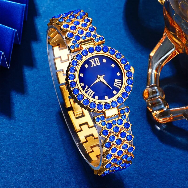 Nuevo reloj de lujo para mujer, collar, pendiente, reloj de pulsera de moda con diamantes de imitación azules, relojes informales para mujer, conjunto de joyería, reloj femenino