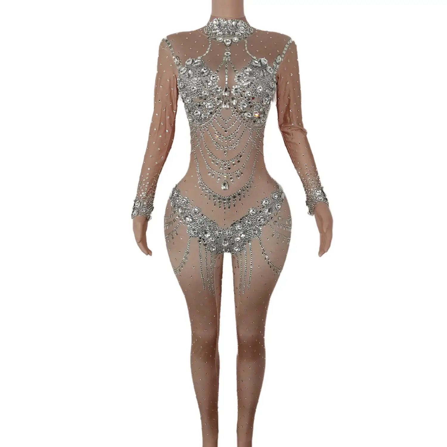 Mono Sexy con diamantes de imitación brillantes para mujer, traje de manga larga para fiesta de cumpleaños, traje de bailarina, ropa de actuación para escenario