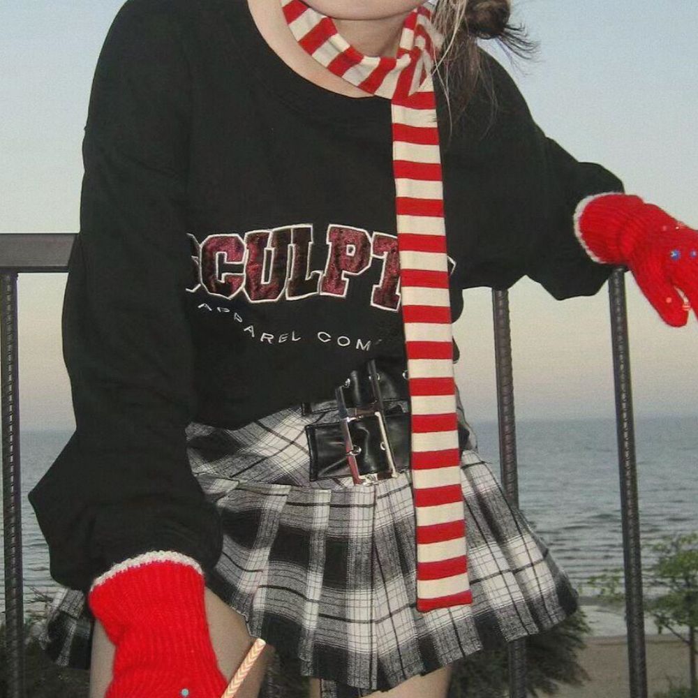 2024 女性原宿綿スカーフ Y2k 黒グレーストライプロングスカーフ 180 センチメートル薄いロング装飾ネッカチーフファッションストリート