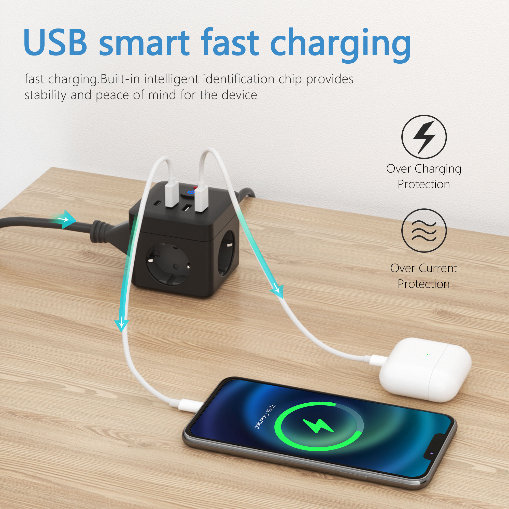 ปลั๊กไฟ EU 7-in-1, ป้องกันไฟกระชากรางปลั๊กไฟ, ปลั๊กไฟ 3 ช่อง 3 ช่อง 3 USB 1 Type-C, สถานีชาร์จเดสก์ท็อปพร้อมการป้องกันการโอเวอร์โหลด