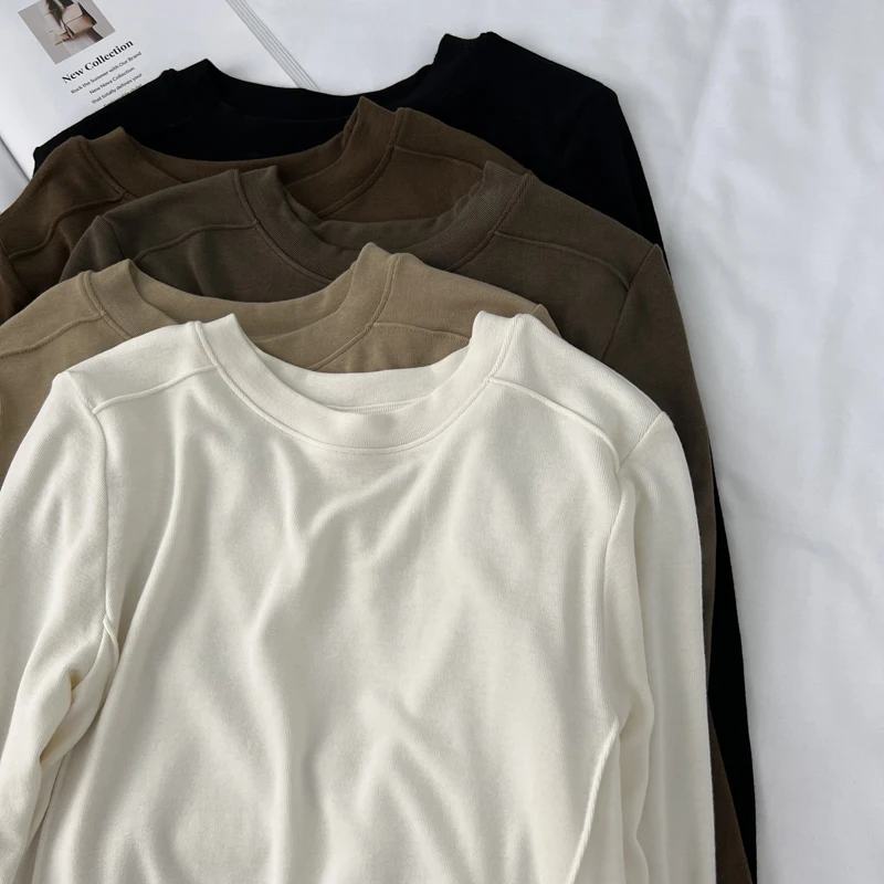 Slim Fit Striped Pit Solid Basic Tops Round Neck Long Sleeved T-shirt Women's Spring  Autumn Inner Layup Bright Thread Tee