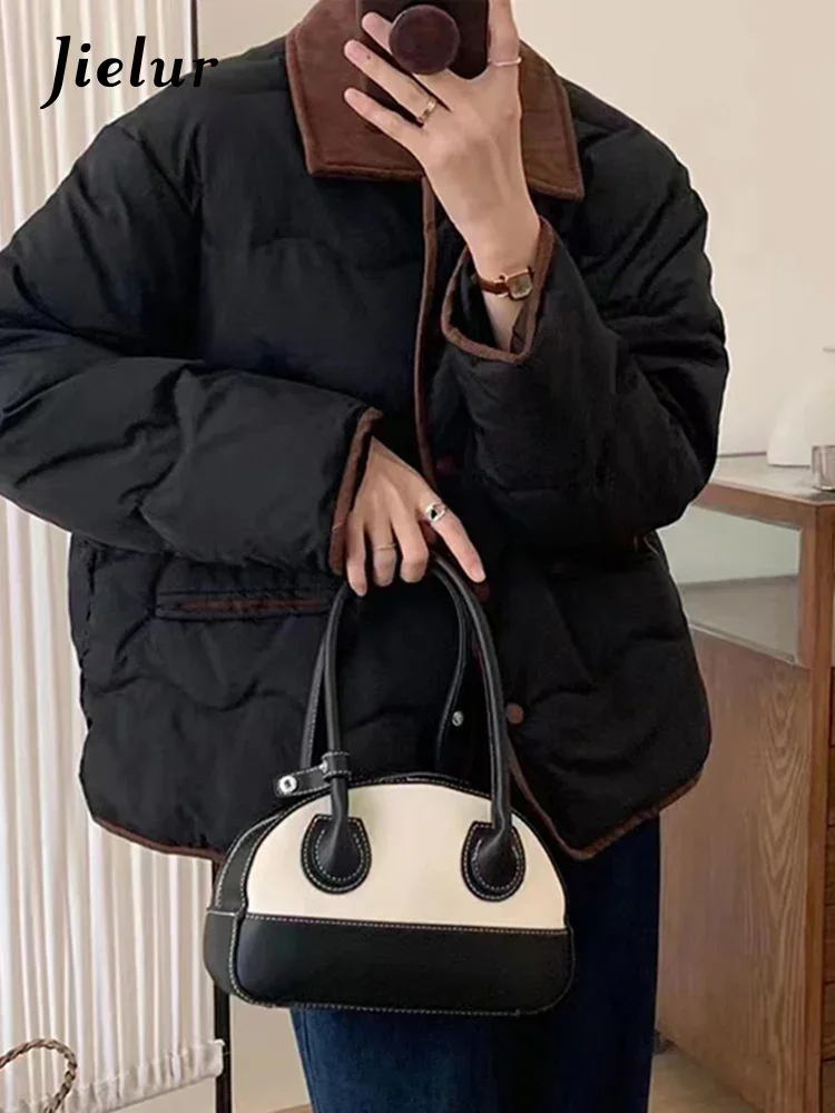 Jielur ins contraste cor chique botão solto veludo feminino parkas moda bolsos 5 cores único breasted casual feminino parkas