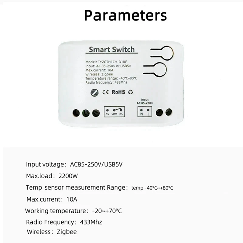 Interruptor Zigbee inteligente Tuya con Sensor de temperatura, relé Zigbee de contacto seco pasivo, funciona con AC85-250V asistente doméstico, 2 uds.