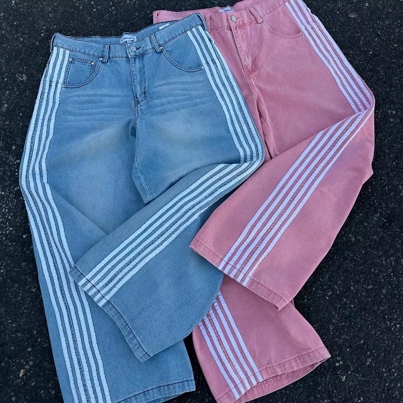 Y2K Stripe Jeans Men Women Solid Wash Embroidery Pocket Logo Heavy Denim Pants Retro Trend Streetwear Unisex Baggy Track Jeans