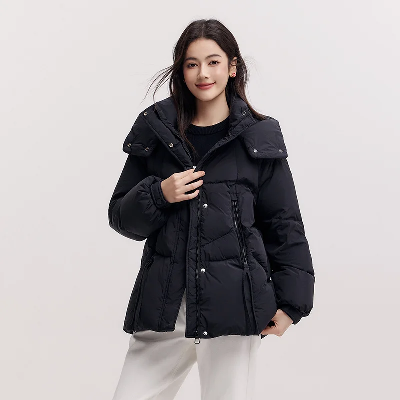 Semir jaqueta de comprimento médio feminina solta ajuste com capuz casaco texturizado 2025 novas casacos de inverno feminino casual estilo quente