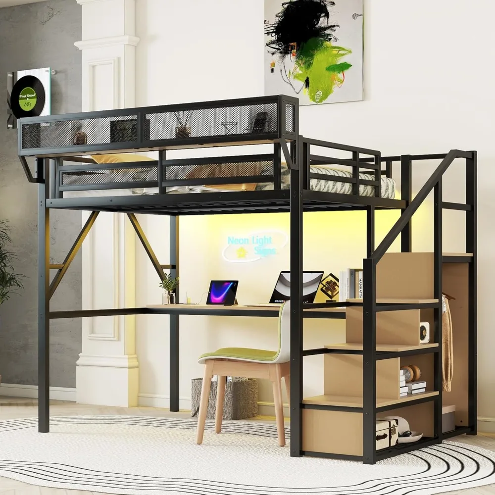 Full Size Lofts Bed with Stairs and Desk, Heavy-Duty Metal Loft Beds, High Lofts Bed Frame with Storage Shelves, Junior loft Bed