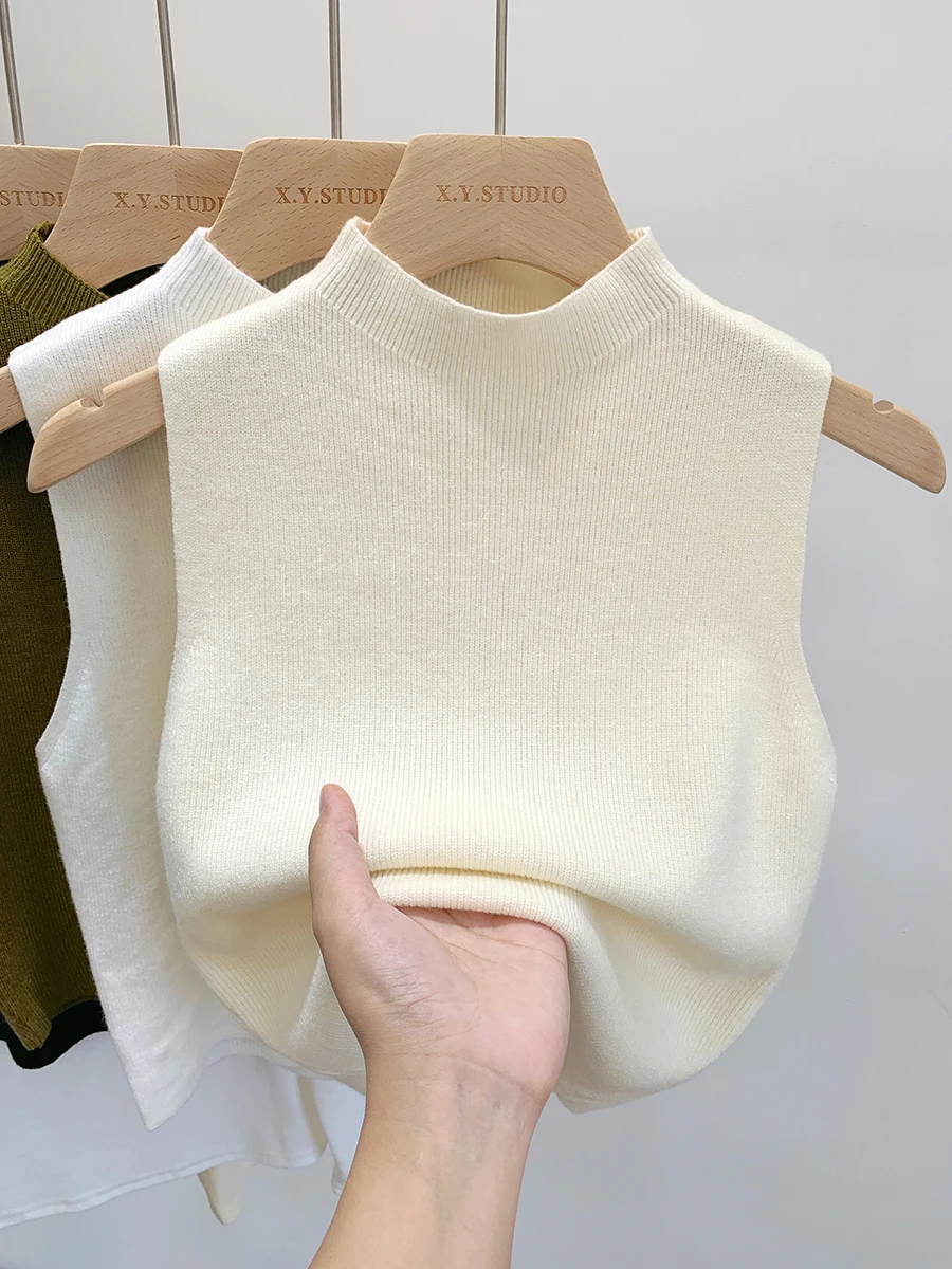 2024 mujeres de punto camiseta sin mangas verano otoño suéter delgado corto sin mangas sólido primavera otoño suéteres jerseys
