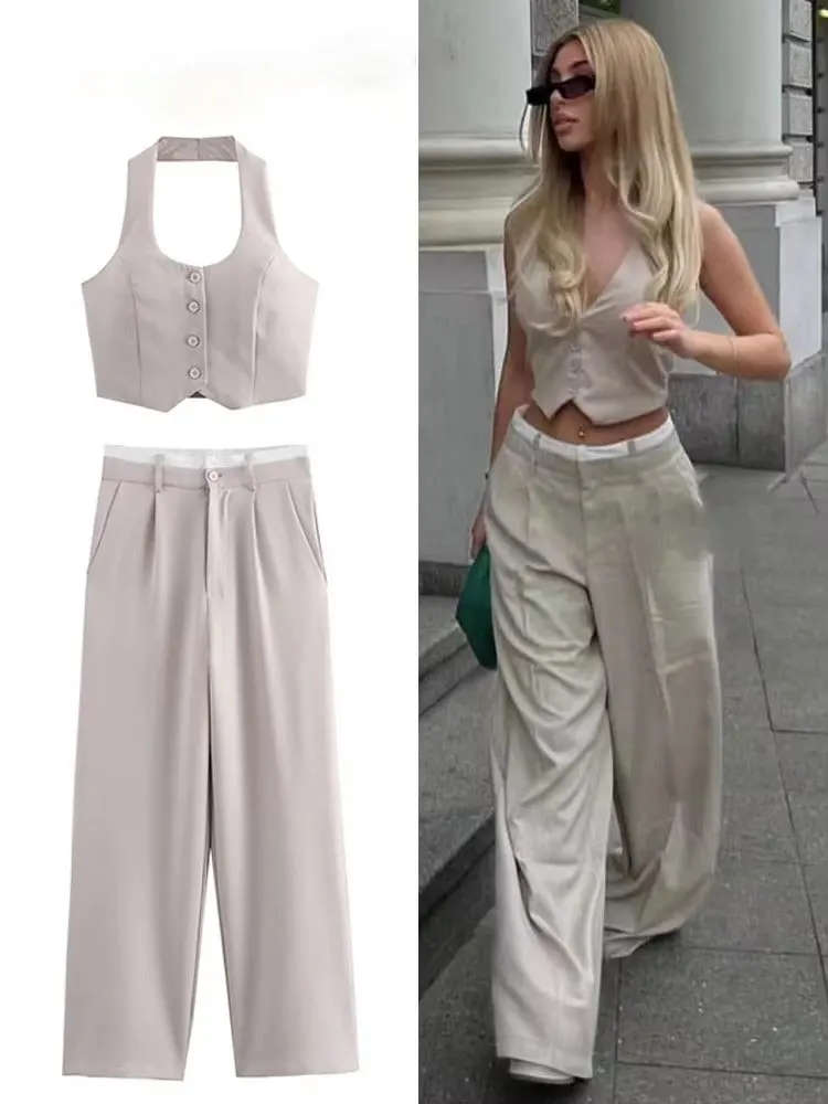 HH Frauen Fashion Solid Weste Hose Anzug Einreiher Halter Abgeschnitten Westen Top Hohe Taille Patchwork Hosen Büro Dame Sets