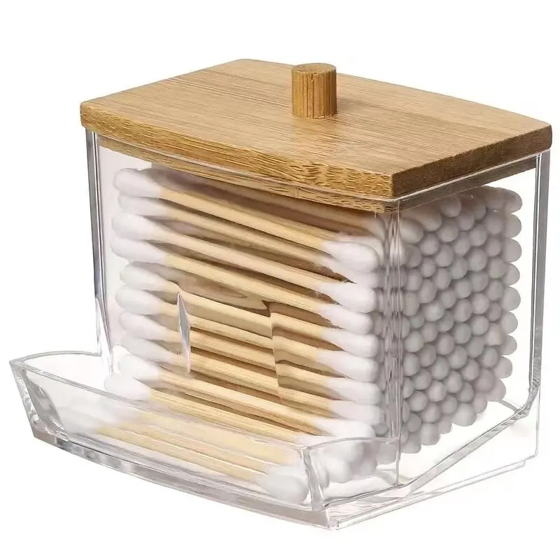 Baumwolle Tupfer Lagerung Box Doppel Kopf Baumwolle Knospen Container Transparent Quadrat Bambus Abdeckung Baumwolle Tupfer Zahnstocher Organisieren Box