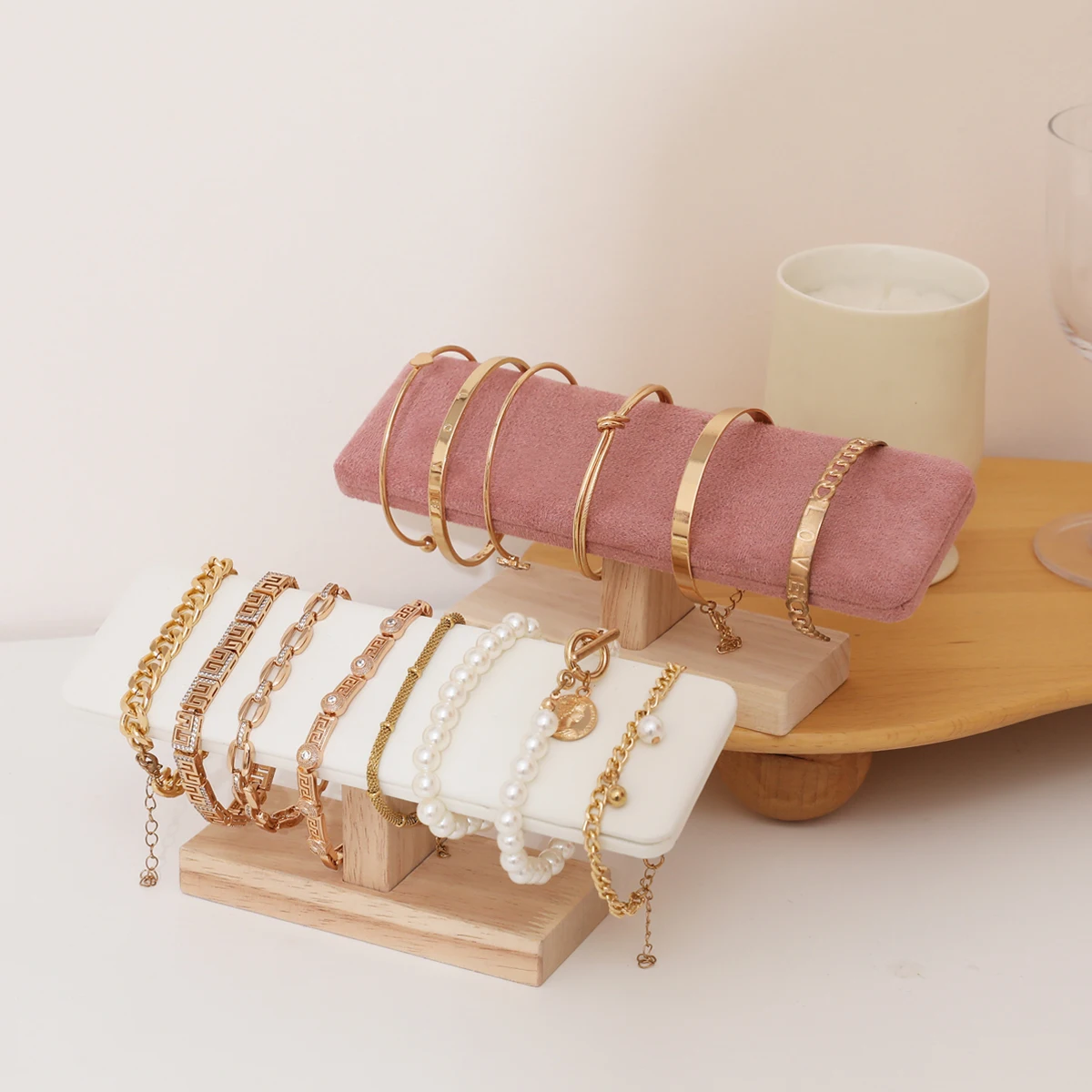 1pc Holz Basis T-Förmigen PU Leder/Samt Armband Display Rack Armreif Uhr Haarband Schmuck Lagerung Ständer halter Organizer