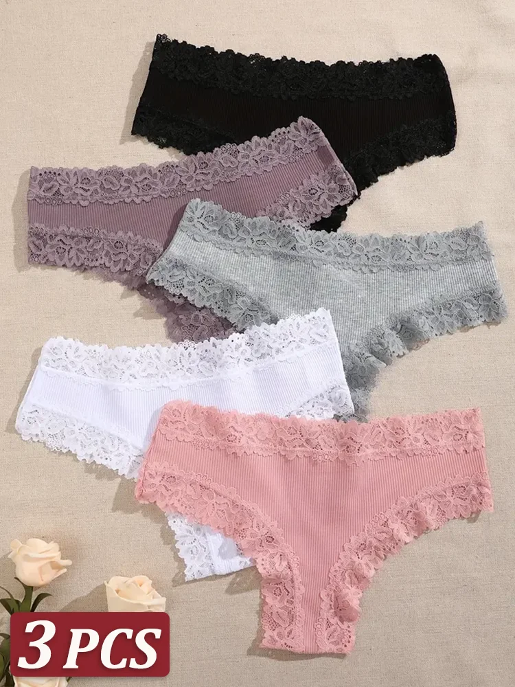 Bragas de algodón con encaje Floral para mujer, ropa interior íntima de retazos de moda, lencería suave, 3 S-XL