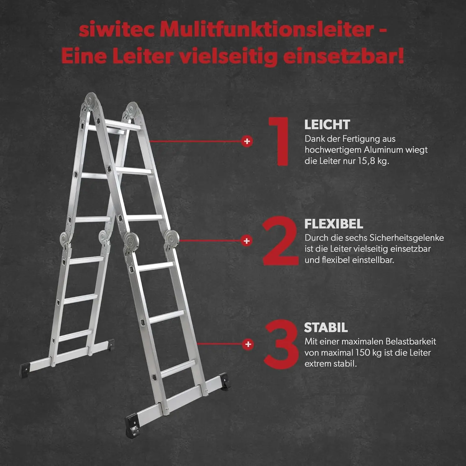 Scala multiuso: 4x3 gradini, 2 piastre per ponteggi, scala a pioli fino a 150 kg, scala a gradini, alluminio, 12 gradini, tfuv/GS certifi