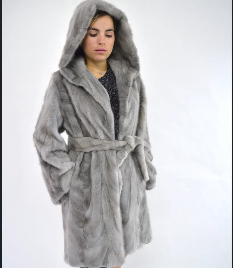 Echter Nerz pelzmantel, warm und modisch im Winter, langer Mantel mit Hut, 100% Nerz, neu, 2024