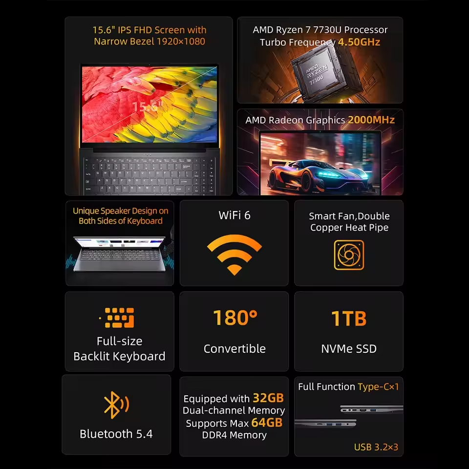 BMAX-laptop X17 Pro 15,6 inch Full HD 32 GB RAM 1 TB SSD AMD Ryzen 7 7730U Windows 11 gaming- en zakelijke notebook BT WiFi Type-C