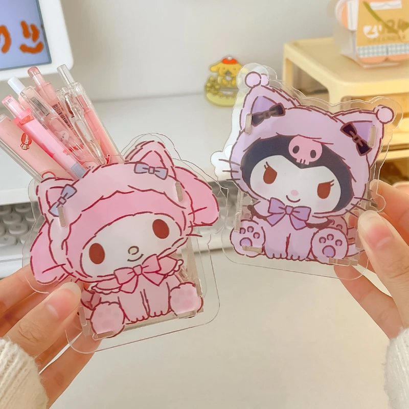 Śliczny akrylowy uchwyt na długopis Sanrio Hello Kitty przezroczysty wielofunkcyjny pulpit o dużej pojemności pudełko do przechowywania artykułów piśmiennych organizator