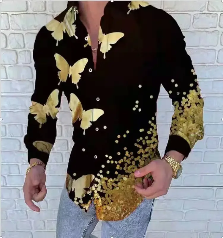 Mode männer Revers Button Up Hemd Casual Design Gedruckt Langarm Tops Straße männer Übergroße Lose Langarm Shirts 2024