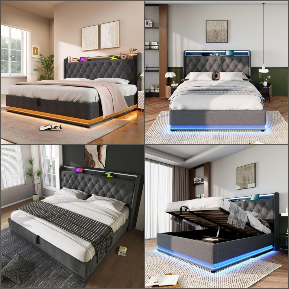 Queen Size Bed Frame with Storage, 360 Surround LED Lights, Buttons, App or Remote Control, Upholstered Headboard Linen Platform