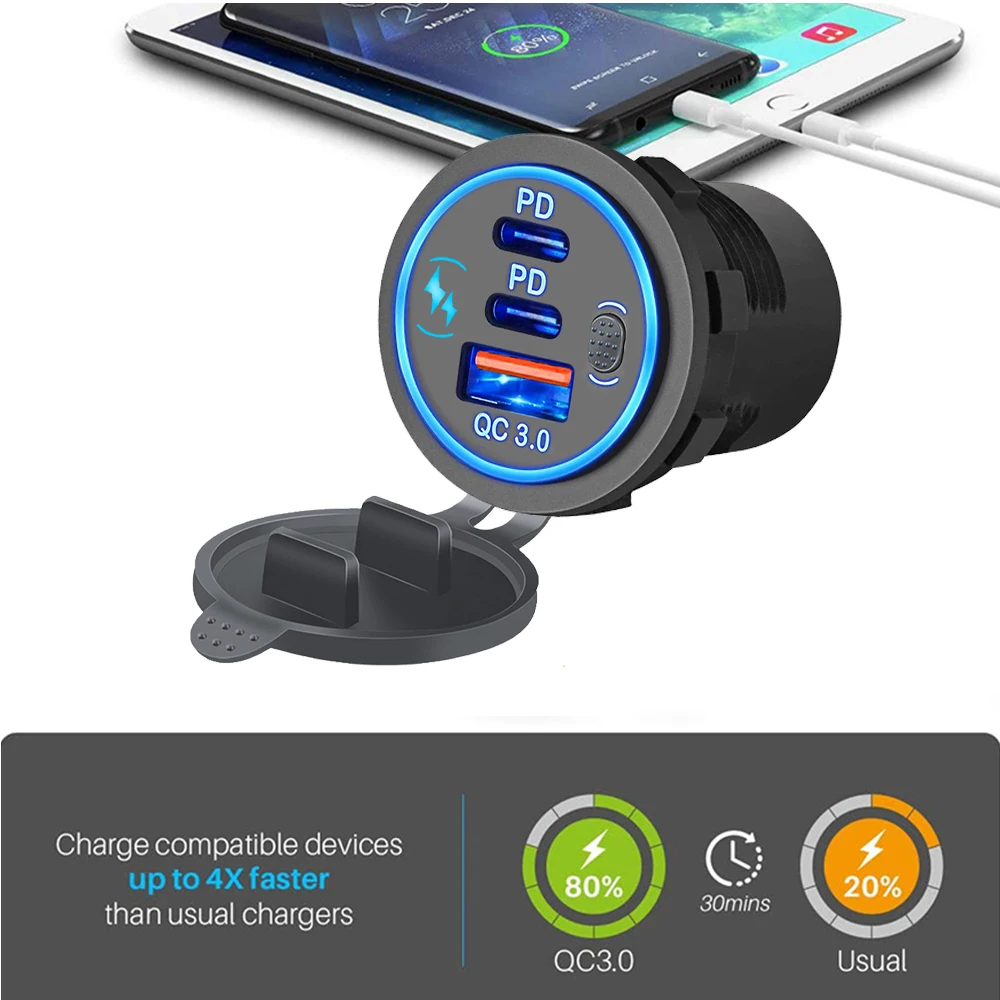 3-портовая розетка для быстрой зарядки с двойной диафрагмой PD и QC 3,0, 12-24 В, розетка для автомобильного зарядного устройства для мотоцикла, лодки, морского грузовика, квадроцикла