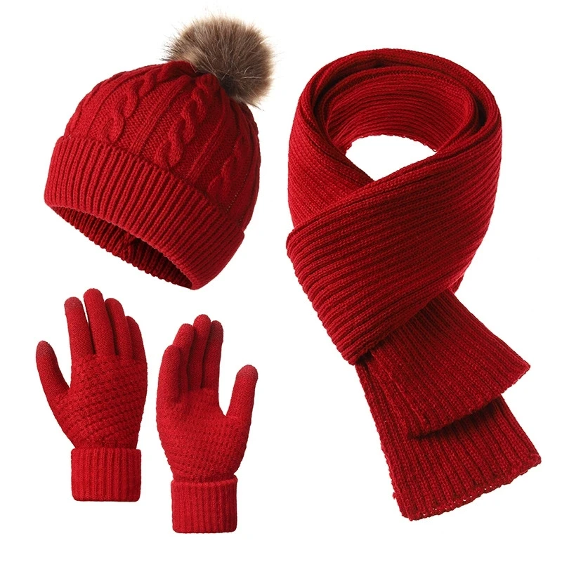 Nouvel An Noël Chapeau Rouge Écharpe Gants 3 Pièces Ensemble Automne Hiver Extérieur Coupe-Vent Chaud Tricot Silencieux Chapeaux et Casquettes pour Femmes