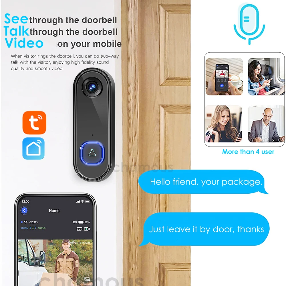 TUYAビデオドアベルWiFiワイヤレスアウトドアドアベルカメラAC DC電源1080 Pビデオドアホン防水IP 65 Alexa Googleホーム, ワイヤレスドアホン,  ドアカメラ wifi　モニタ