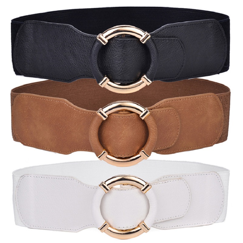 Cinturón elástico para mujer, corsé, cinturones de cintura para mujer, tendencia, cinturón con hebilla circular dorada, cinturón negro ancho elástico de alta calidad DT072