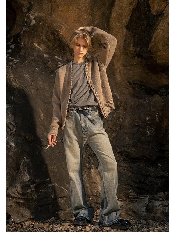 レトロヘビーウェイト V ネックニットオープンカーディガン男性女性カジュアル多用途高級デザインセンセーションセーター秋の新着