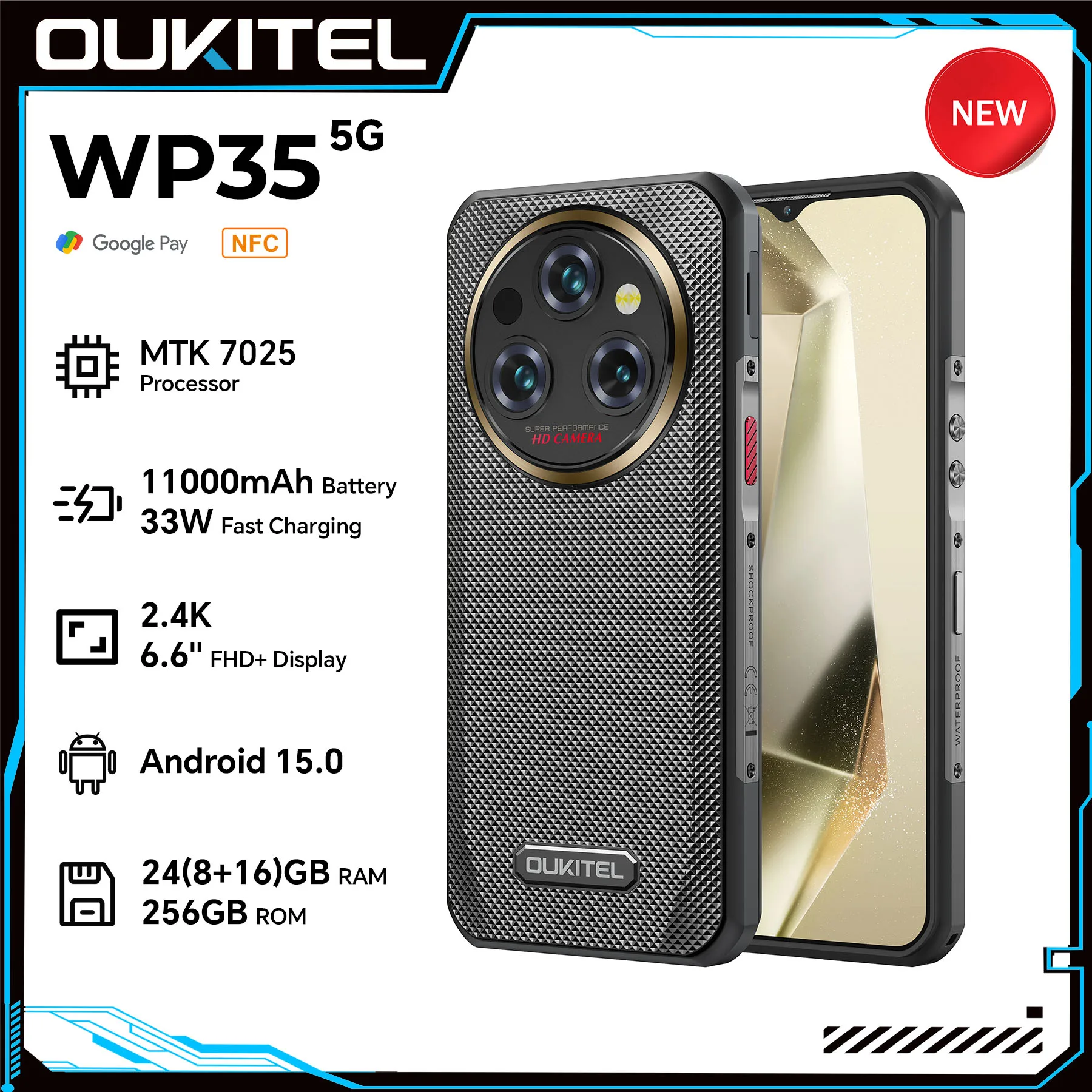 Oukitel WP35 Teléfono Robusto MTK 7025, 5G, 11000mAh, 6.6" FHD+, 24GB + 256GB, 108MP, NFC Android 15 Smartphone