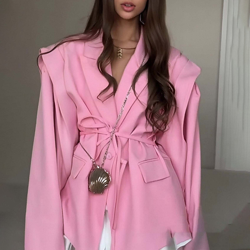 Zekye blazer feminino com estilo high-end 2025 primavera outono europeu elegante commuter look com cinto de gravata ombros acolchoados