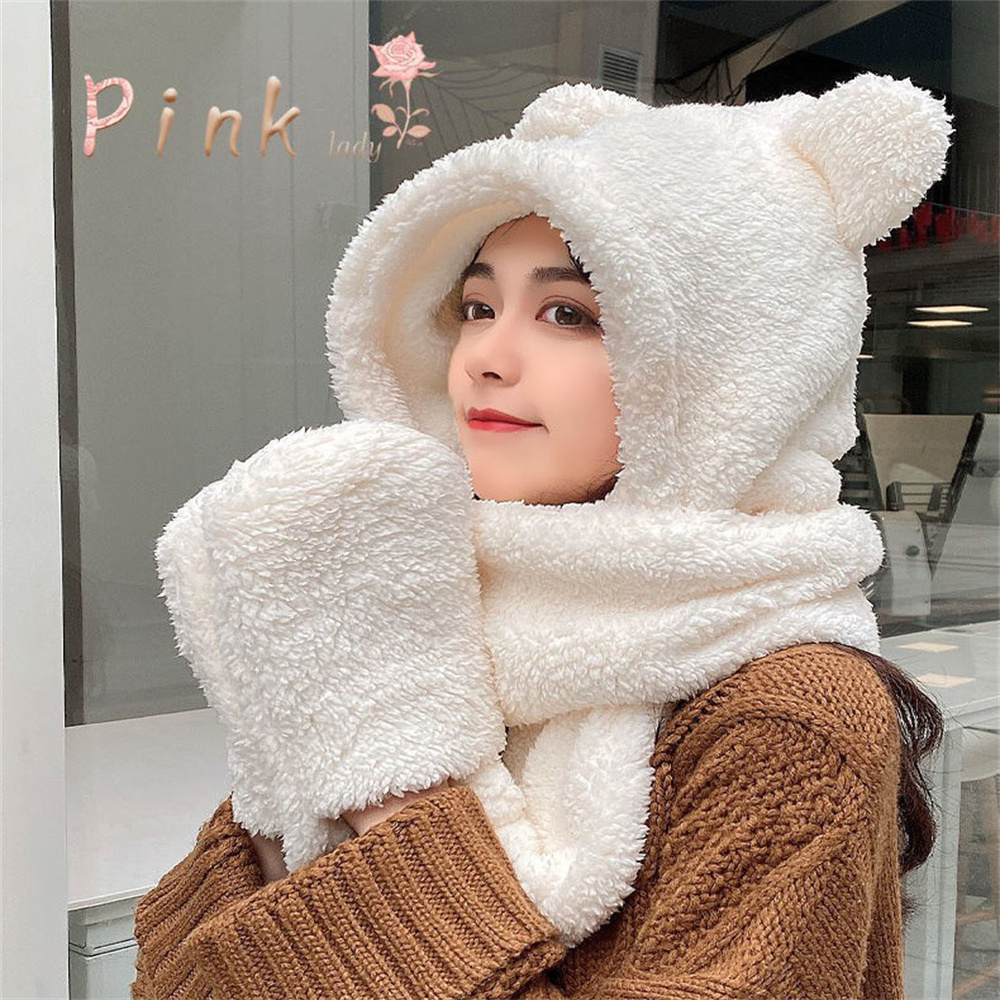 Winter Lamm wolle 3-in-1 niedlichen Bären ohr Hut Schal Handschuhe Set Frauen Mützen warm lässig Plüsch Hals Hüte lässig Fleece Mädchen Mützen